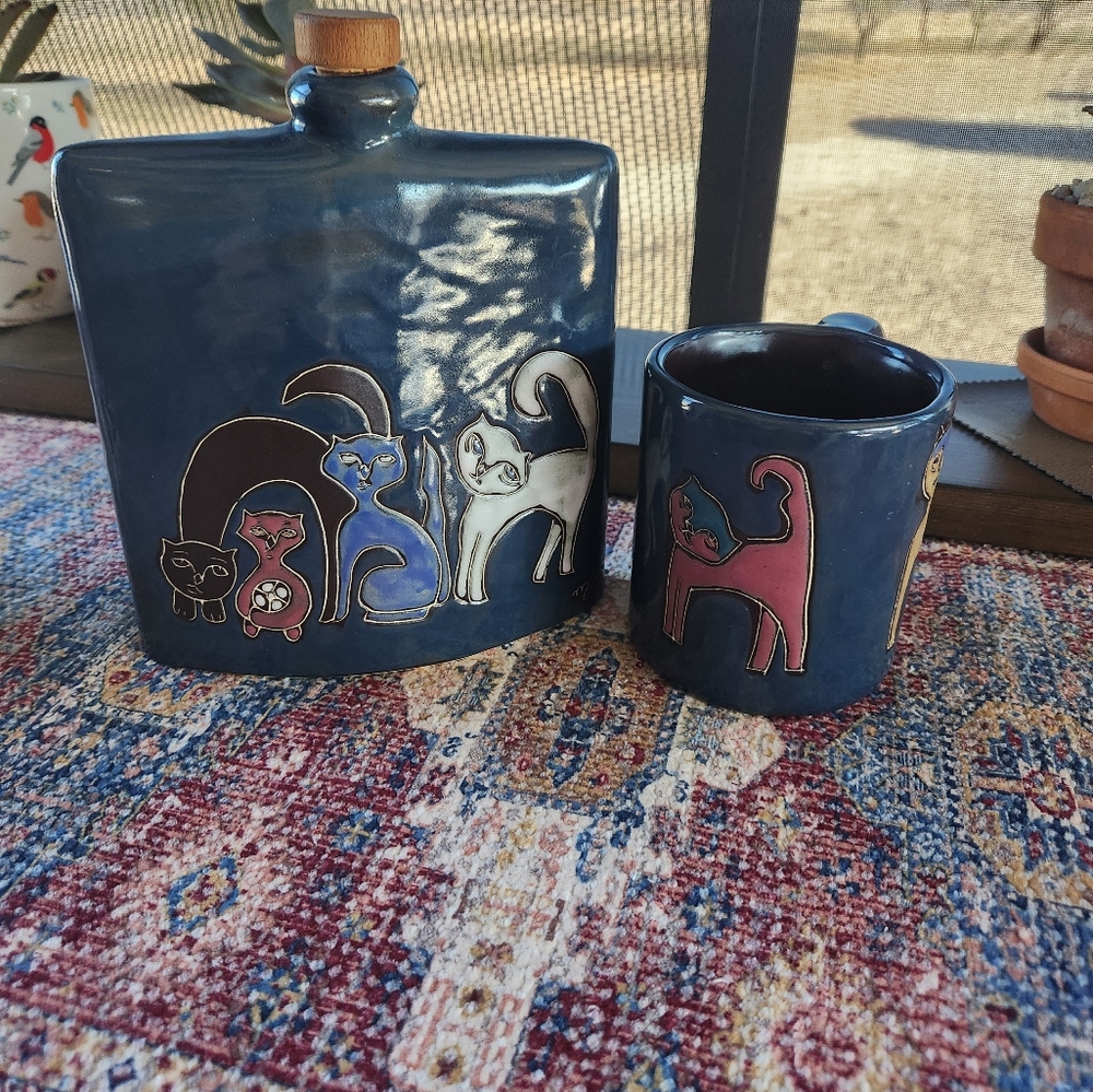 Cat design Mara Stoneware Pottery two piece set